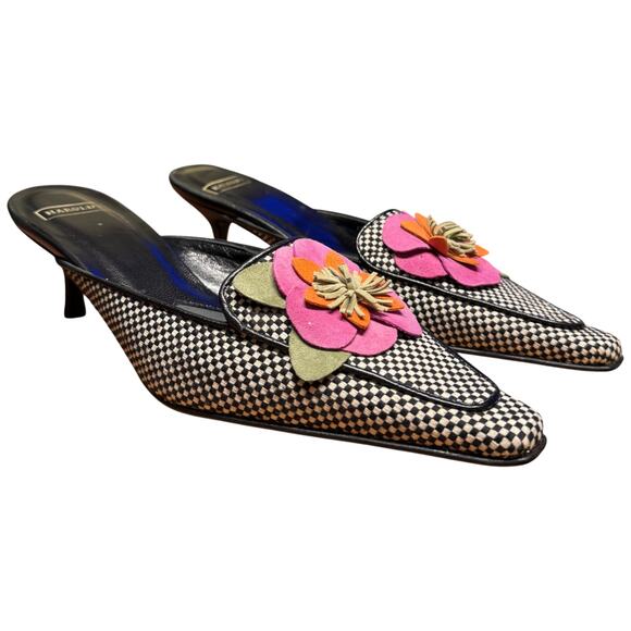 HAROLD'S Women's 8.5M Leather Black White Herringbone Kitten Heel Shoe Mules - Picture 1 of 13